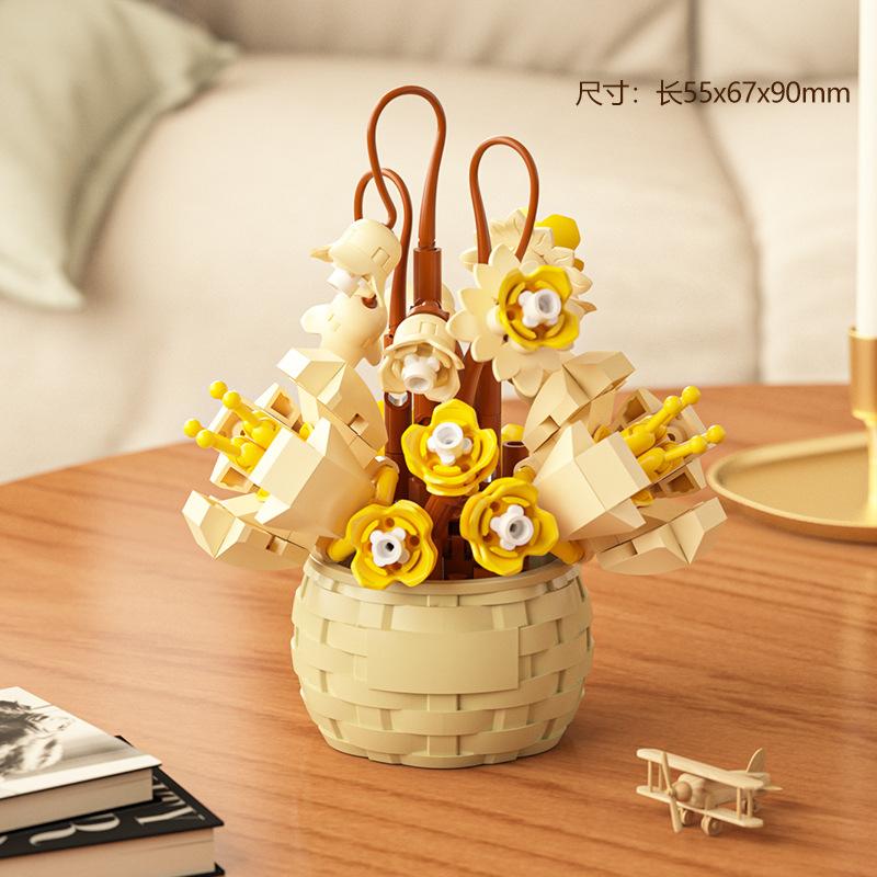 RedRose Flower Sunflower Building Blocks Flower Baskets Eternal Flower Girl Desktop Decorations Ornaments Gift Toys