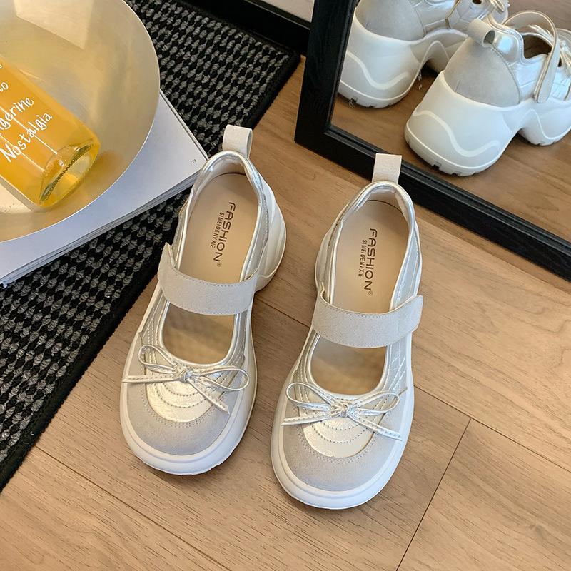 2025 autumn new bow shallow mouth casual single shoes women's round head Velcro thick sole small Mary Jane shoes