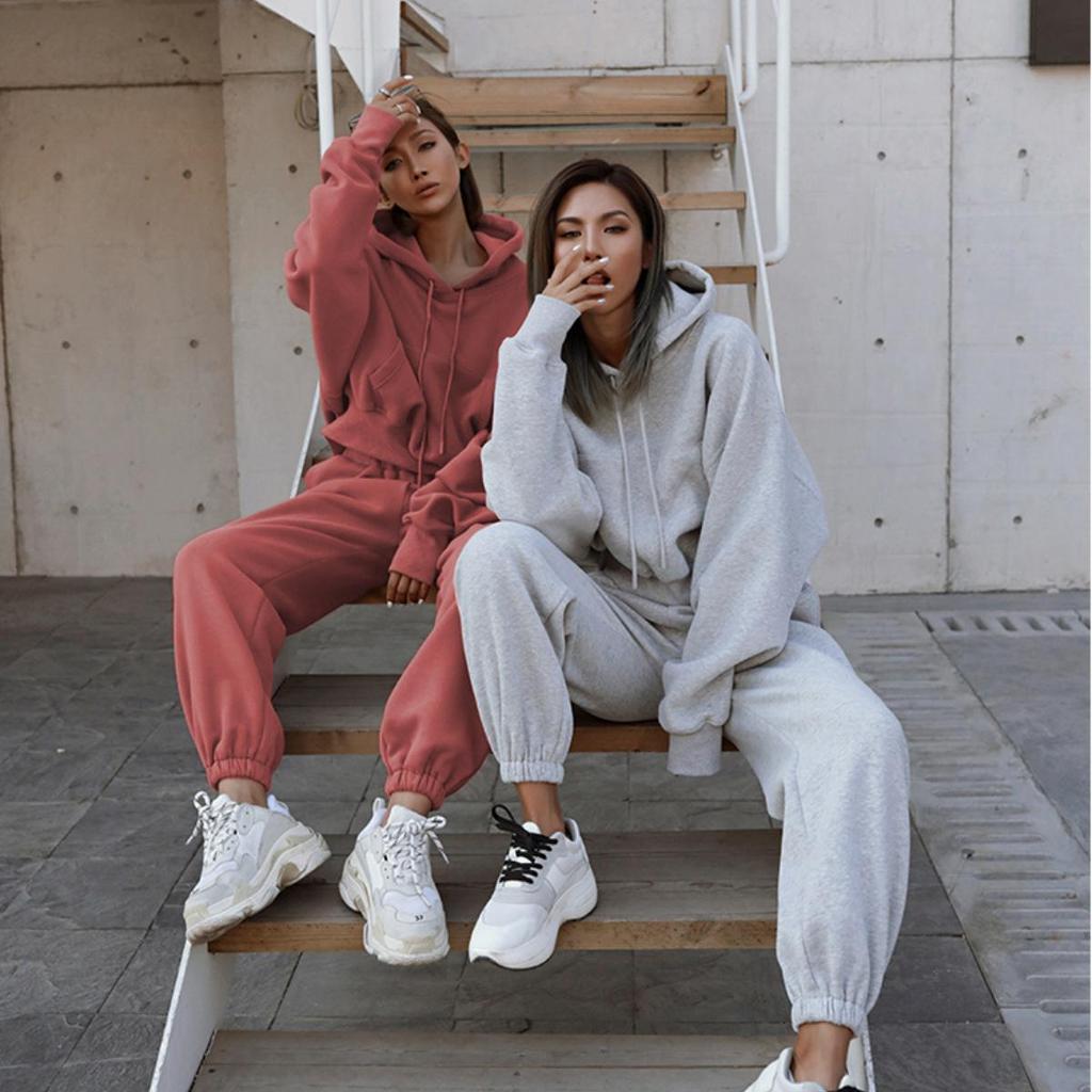 Women Solid Color Long Sleeve Hooded V Neck Hoodies Suit Autumn Winter Loose Top Wide Leg Pants