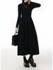 Women's Black High Neck Long Sleeve Bodycon Midi Dress - Petite Waist Slimming 2026 Spring Style