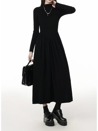 Women's Black High Neck Long Sleeve Bodycon Midi Dress - Petite Waist Slimming 2026 Spring Style