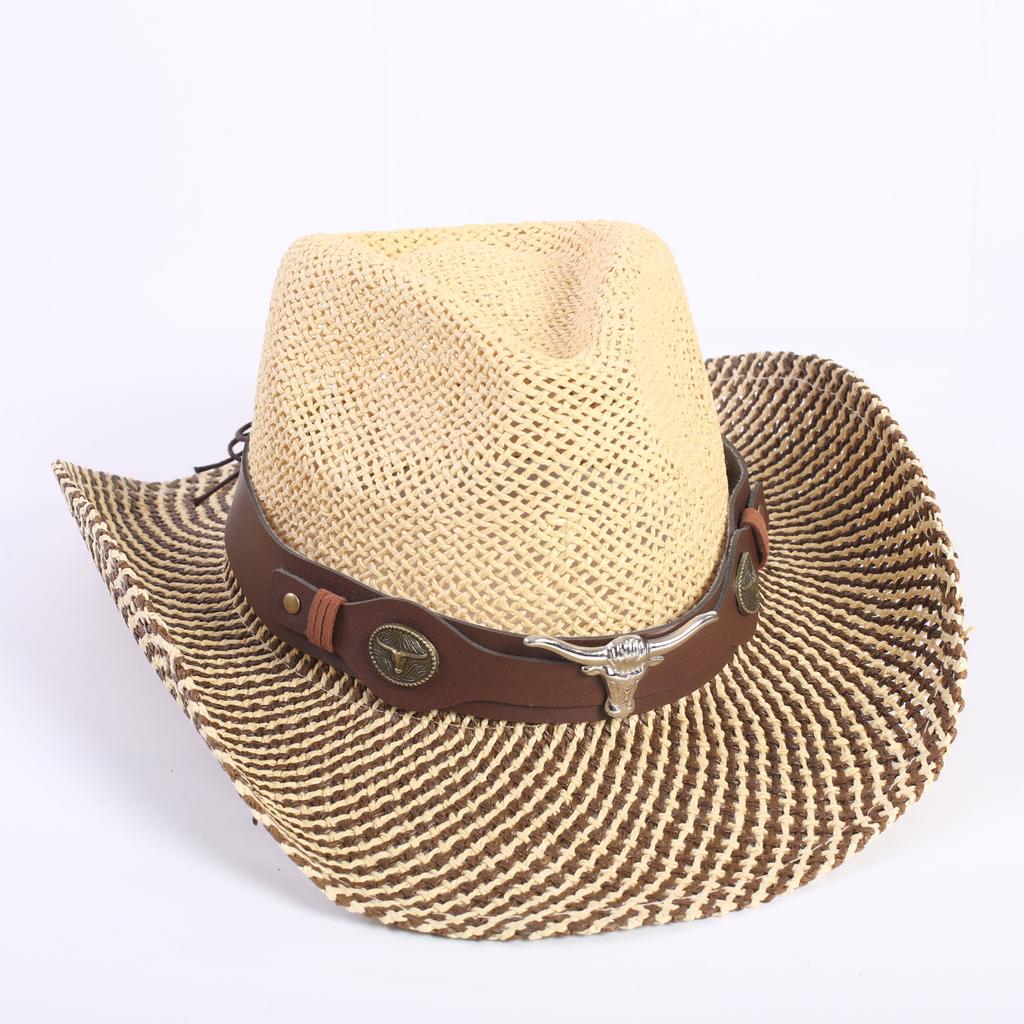 Popular Hollow Breathable Western Cowboy Straw Hat Men's and Women's Summer Sunshade Sunscreen Wide-brimmed Beach Hat