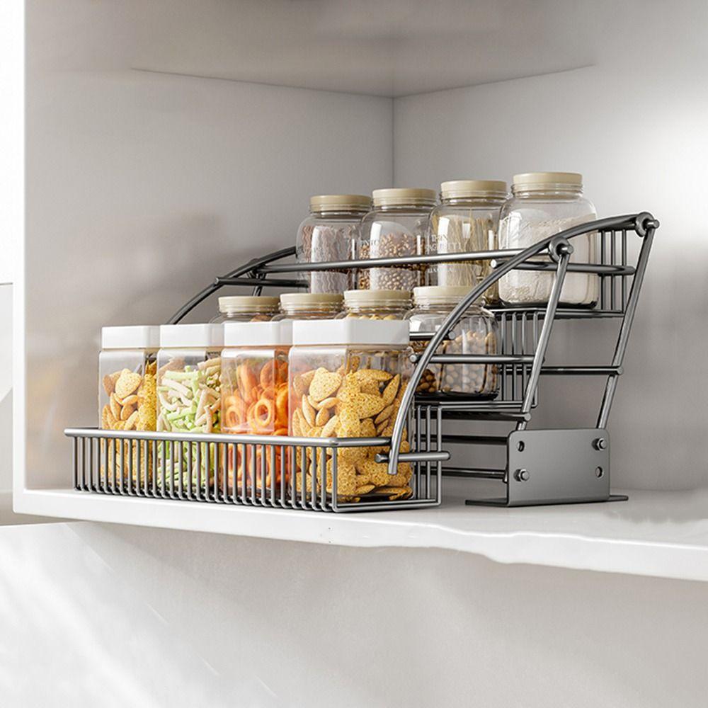 Large Capacity Pull Down Cabinet Spice Rack Space Saving Retractable Spice Rack  Bathroom