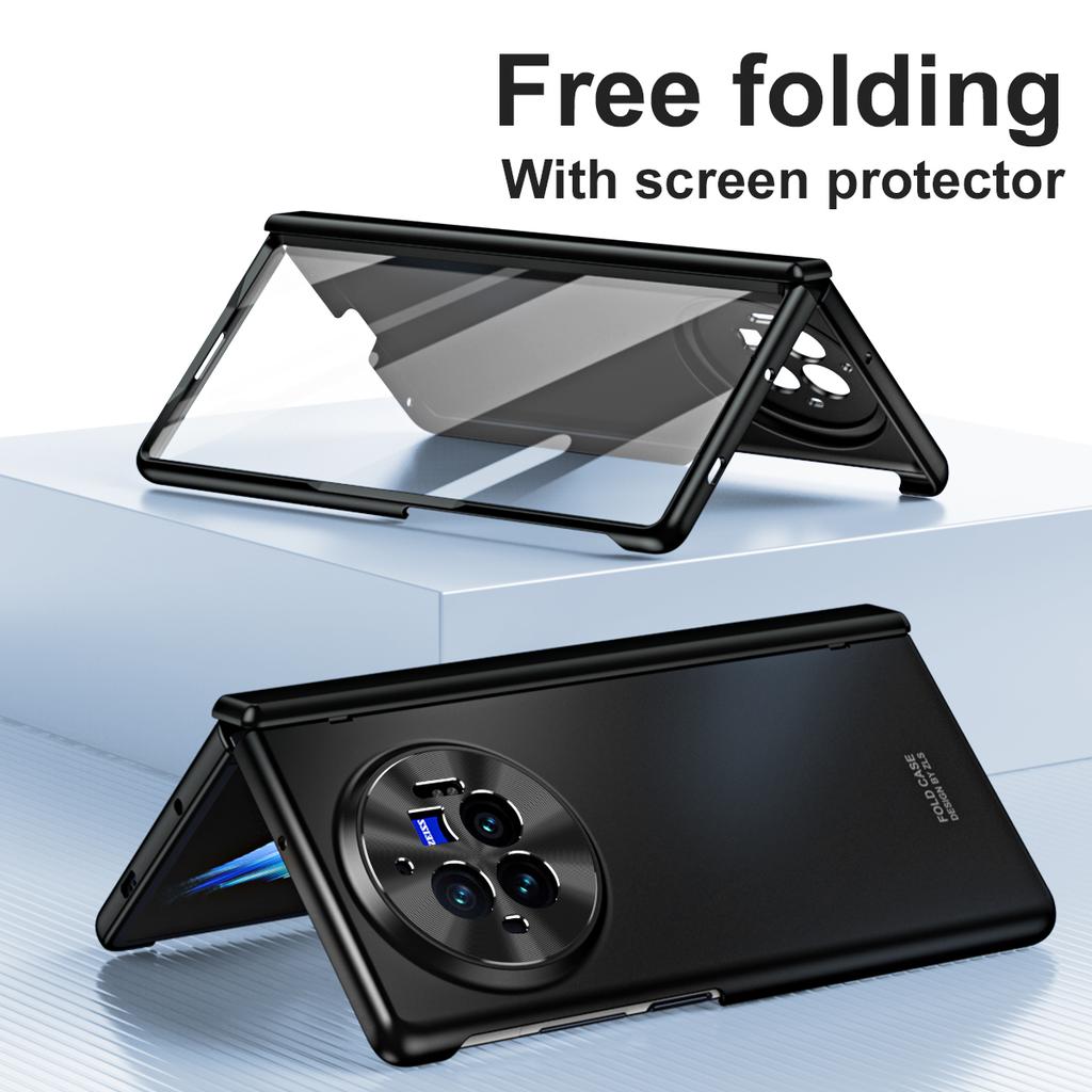 For vivo X Fold3 Pro Case PU Leather Coated PC Phone Cover with Tempered Glass Screen Film