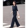 Women's Elegant Navy Long-Sleeve Shirt and Pant Set