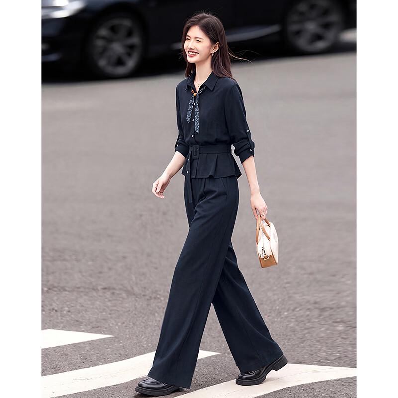 Women's Elegant Navy Long-Sleeve Shirt and Pant Set