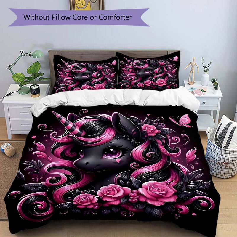 

3pcs Noble Black Unicorn Printed Duvet Cover Set (1 * Cover+2 * Pillowcase, Without Core), Suitable for Home Bedroom, Guest Room, Dormitory Decor 135x200cm