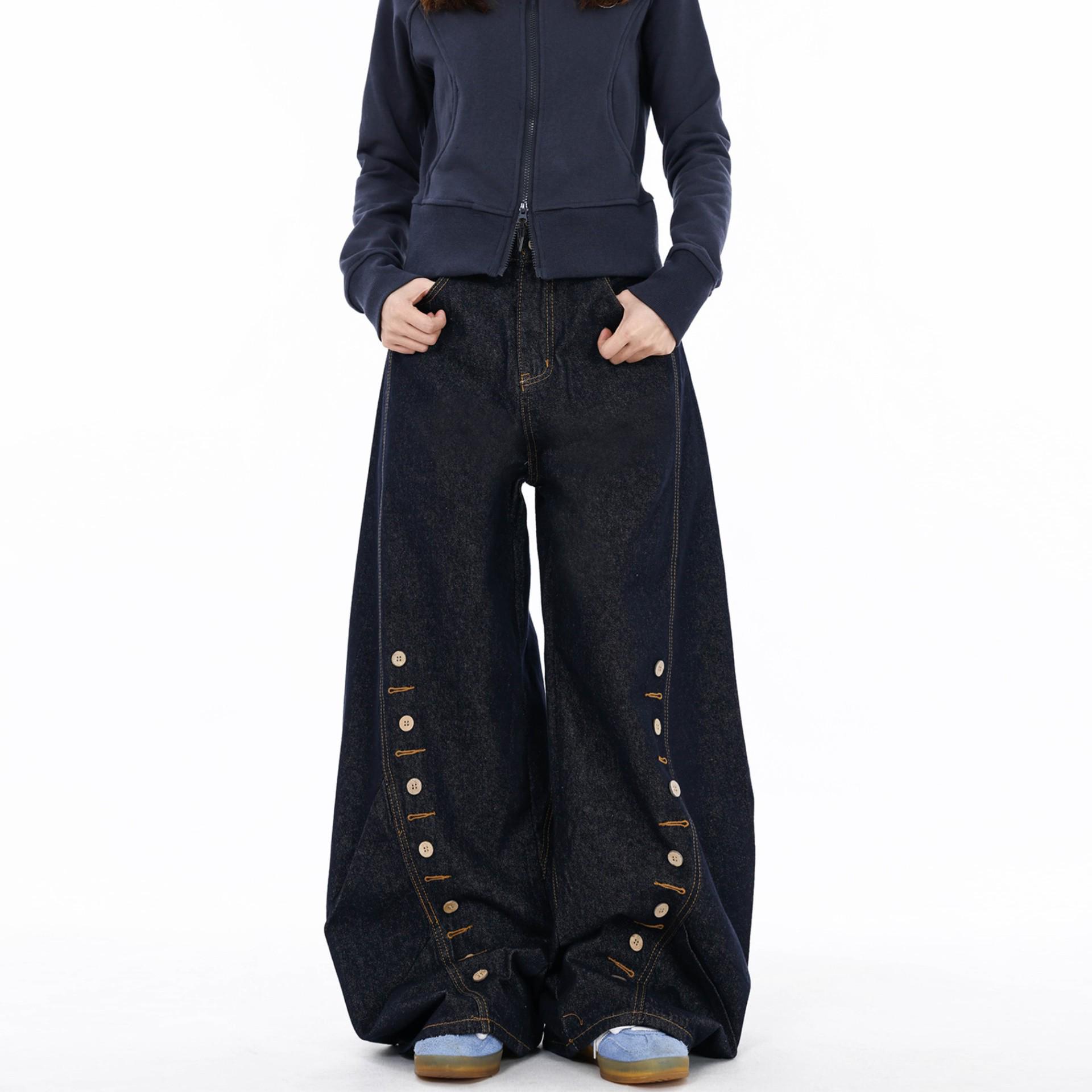 Unisex Retro Wide-Leg Jeans with Buttonholes - Original Curved Leg, Deconstructed Drape - Spring/Autumn Style Extra Large