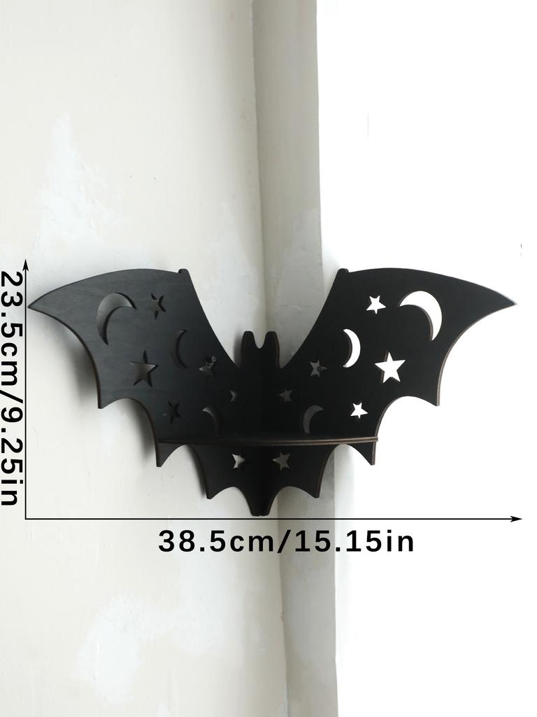 Halloween Black Wooden Wall Shelf Gothic Bat Moon Hollow Pattern Floating Shelf Crystal Holder Witch Room Decor Goth Home Decor