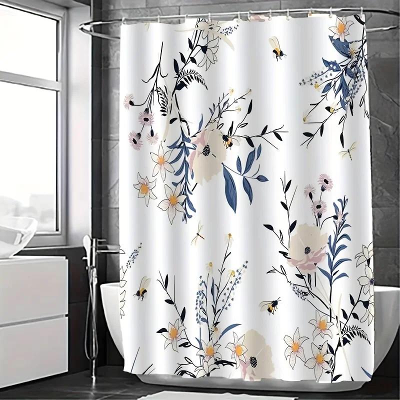 1 Elegant bee and flower shower curtain, machine washable, with vivid floral and butterfly pattern, perfect for modern bathroom