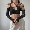 2022 Summer New Goth Y2k Punk T-skjorte Dame Halter Topper Gothic Girl Patchwork Langermet Crop Top Sexy Cut Out Casual T-skjorter