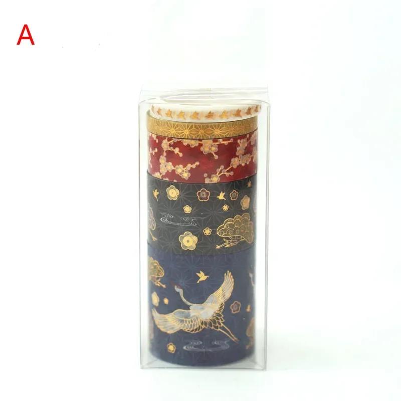 5 Roll Set DIY Creative Decoration Chinese Style Masking Tape Hot Stamping Crane Paper Antique Hand Ledger Tape Lipstick Sticker