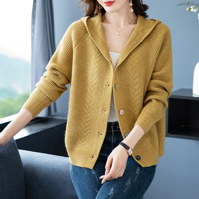 Hooded Korean Versatile Knitted Cardigan Women's Short Casual Autumn Winter Solid Color Mom Outfit Sweater Jacket