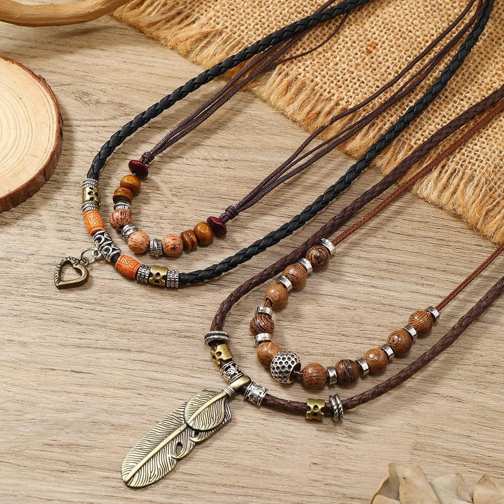 Literary Retro Butterfly Alloy Multi-layer Wooden Beads Knotted and Pullable Hand-woven Necklaces, Jewelry
