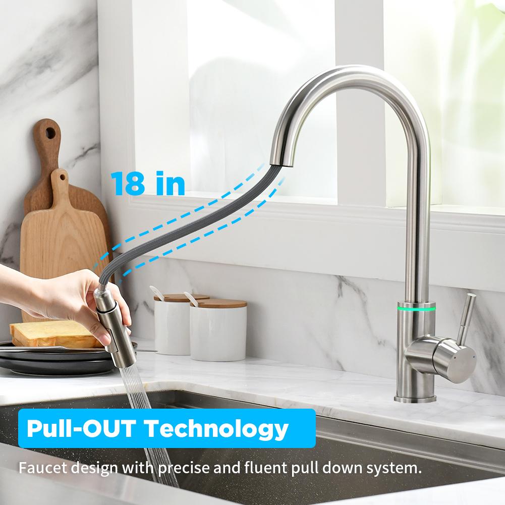 Brushed Nickel Kitchen Faucet Single Hole LED Style Pull Out Spout Kitchen Sink Stream Sprayer Head Black Mixer Tap LED 866006
