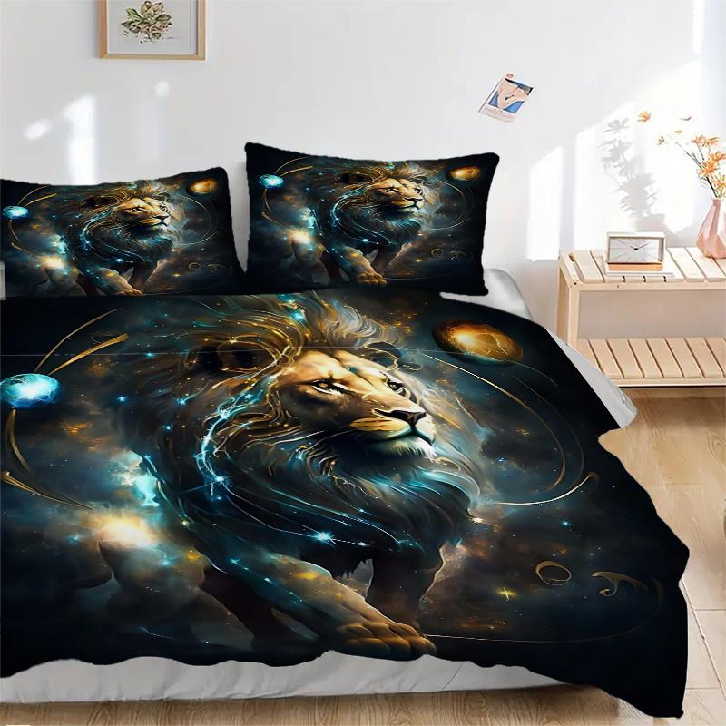 3pcs Lion's Cosmic Journey Print Bedding Set (1 Cover + 2 Pillowcases, Without Inserts), This Printed Bedding Set is Soft and