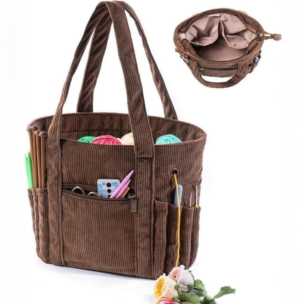 Large Capacity Crochet Yarn Storage Bag Multiple Pockets Craft Storage Yarn Bag Organizer Washable Corduroy Material