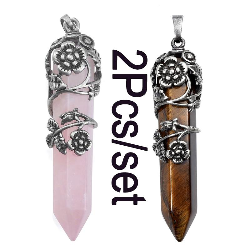 Mode natürliche Kristall sechseckige Säule Vintage Legierung Rose Anhänger Amethyst Kristall Halskette