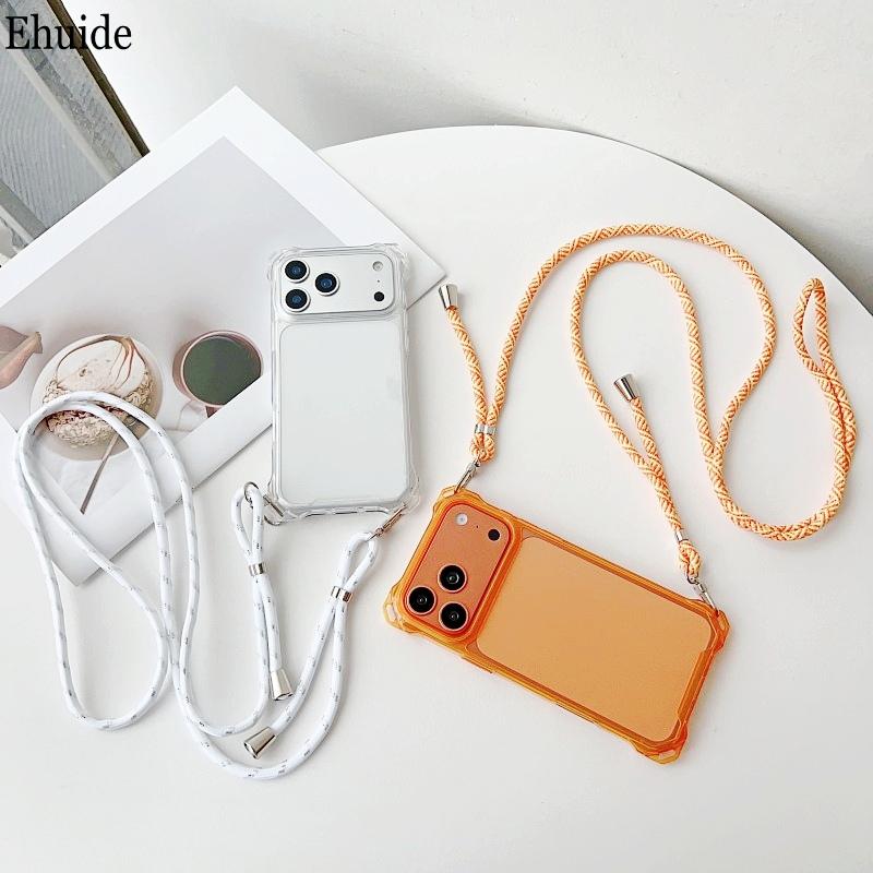 Four Corners Strap Cases For iPhone 17 Pro Max 11 12 13 14 15 16 Pro Crossbody Cord Lanyard Shockproof Clear Hard Plastic Cover