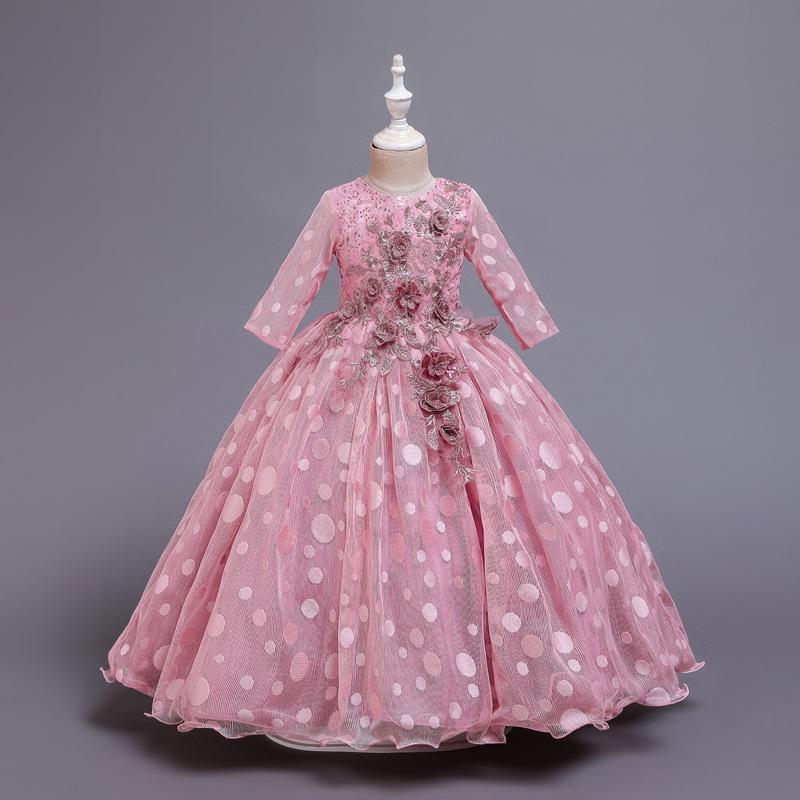 Dětské šaty Puntíkatý dlouhý rukáv Dívčí šaty Květinová dekorace Britská princezna Wind dress