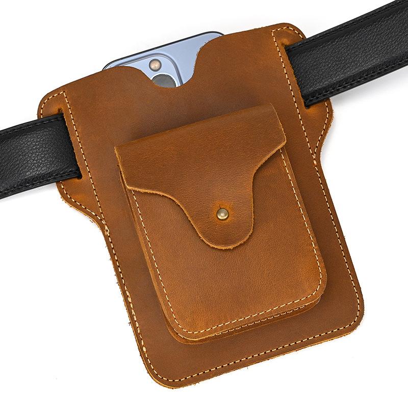 Fanny Pack Men'S Mobile Phone Fanny Pack Genuine Leather Men'S Bag Wear Belt Outdoor Sports Crazy Horse Leather Mobile Phone Fanny Pack