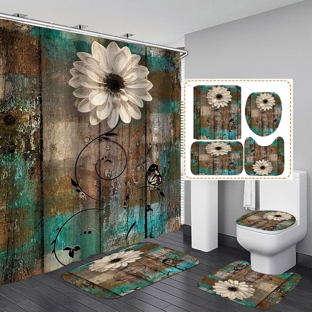 Butterfly Daisy Sunflower Shower Curtain Sets Retro Floral Vintage Country Farmhouse Flower Rustic Wooden Bathroom Decor Sets