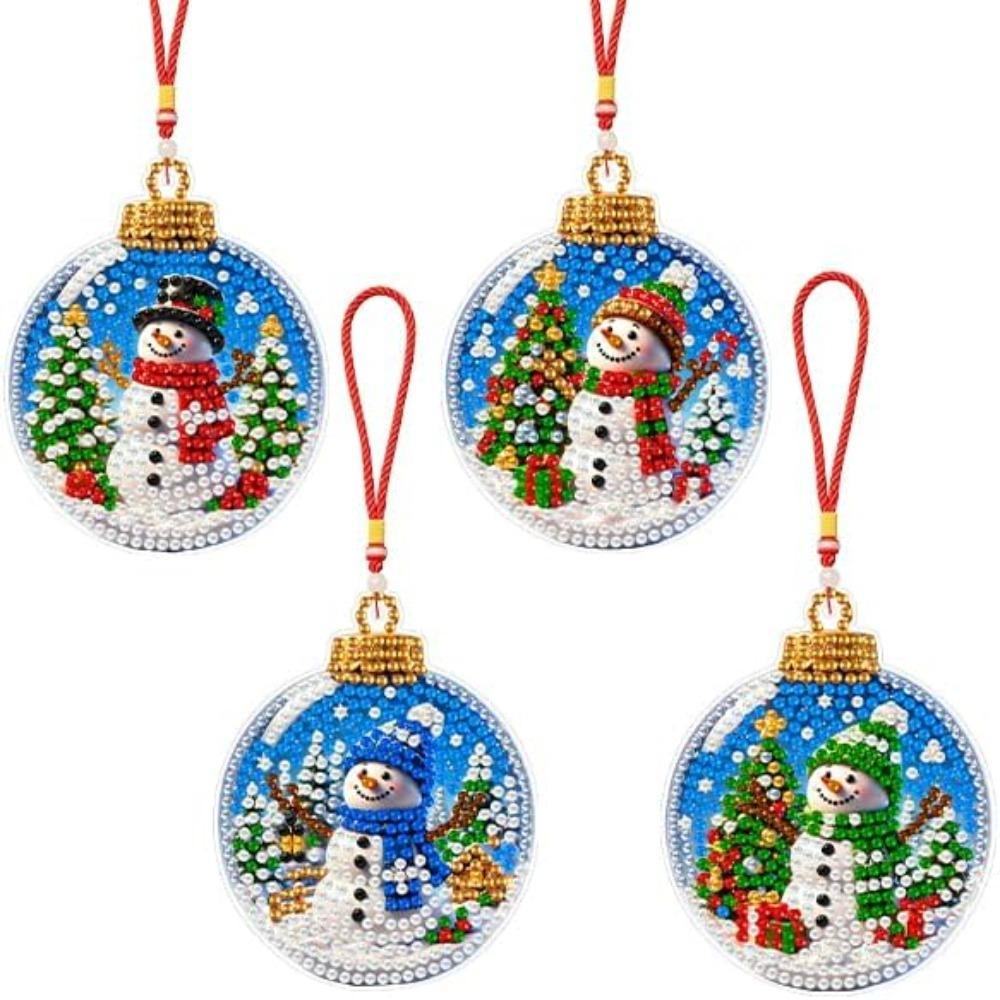 Zestaw 4 sztuk DIY Diamond Art Kit Wiszący Wisiorek na Okno na Choinkę Round Snowman blue