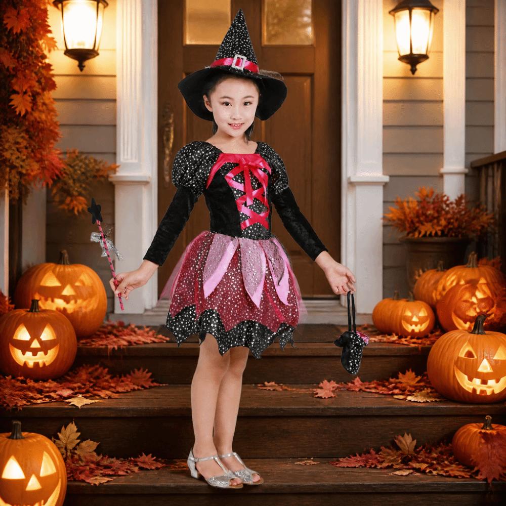 Dress Up Girls Witch Halloween Costume Gothic Witch Elf Dress Costume Ghost Bride