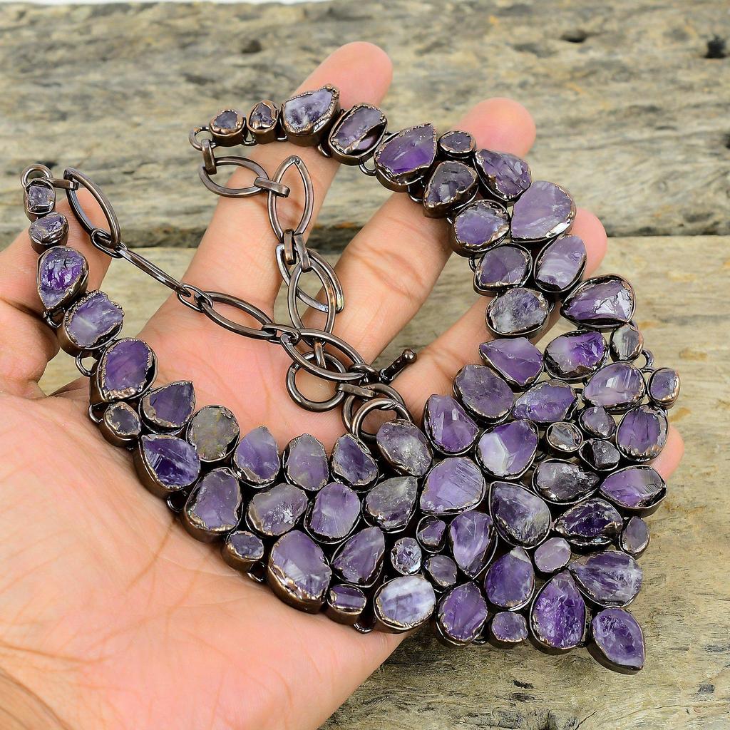 Collar de Amatista Africana en Bruto Collar de Cobre Electroformado Collar de Cadena Ajustable Joyería de Cobre Hecha a Mano Collar de Piedra Preciosa Para Regalo