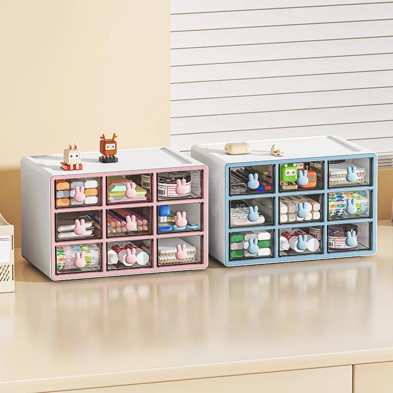 1Pc 3-Grid Thickened Desk Drawer Organizer Cartoon Rabbit Stationery Office Desktop Storage Box Transparent Makeup Organizer