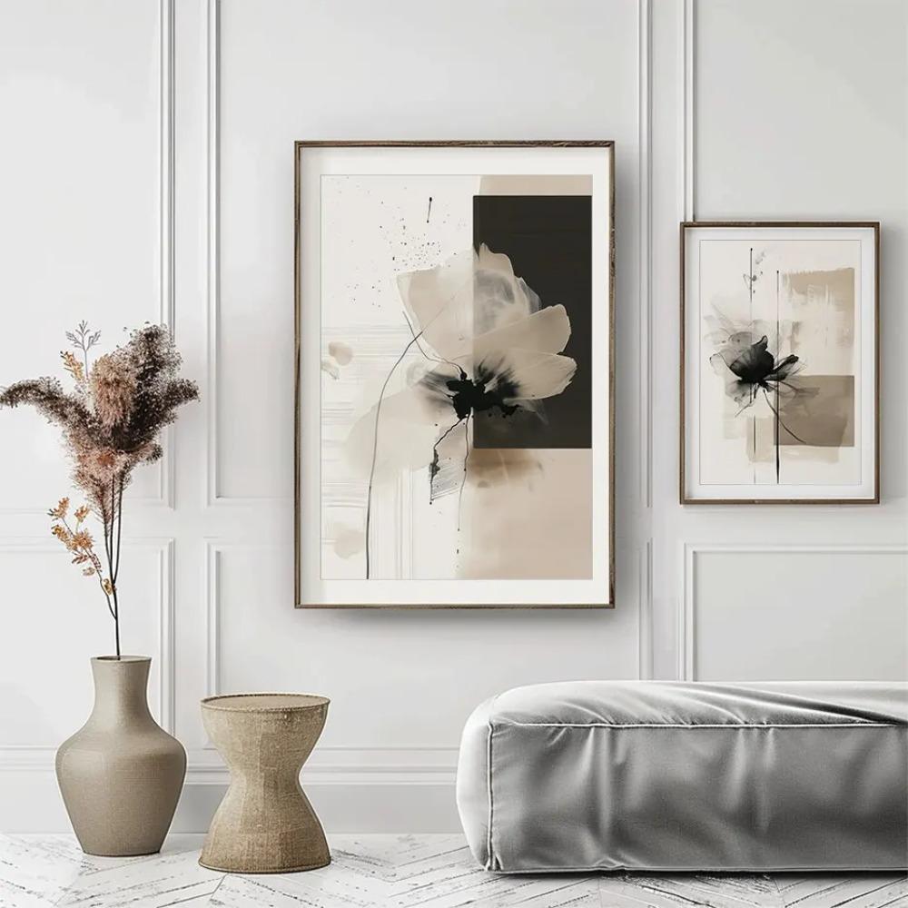 Abstract Vintage Minimalist Flower Poster Beige Black Botanical Canvas Painting Print Wall Art Decorative For Living Room Decor