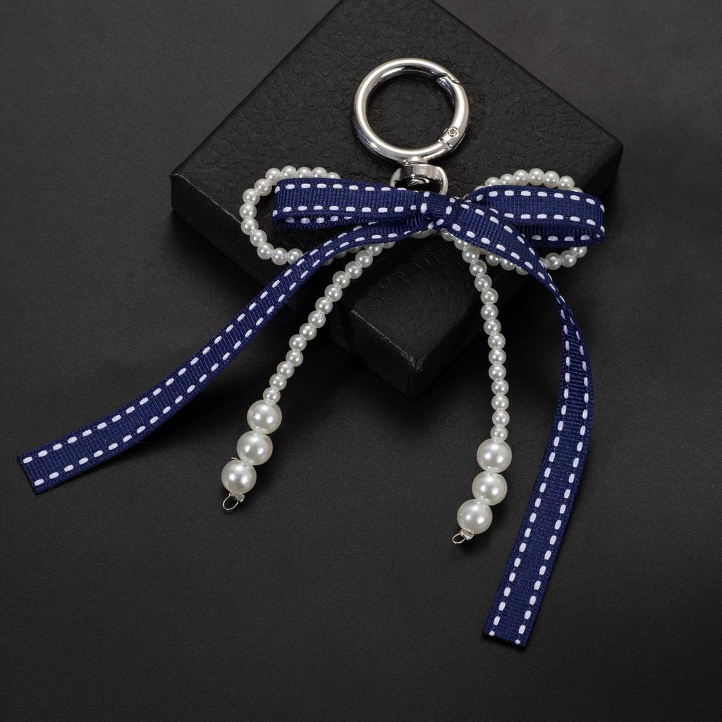 Minimalist Sweet Girl Style Handmade Beaded Faux Pearl Multicolor Ribbon Bow Keychain Charm