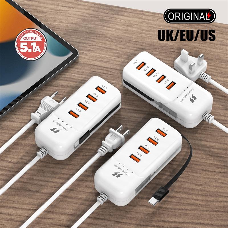 66W PD Fast Charging Wall USB Chargers USB Hub Adapter 4 Ports USB Type C EU US UK Plug Extension Type C Cable Socket Outlet