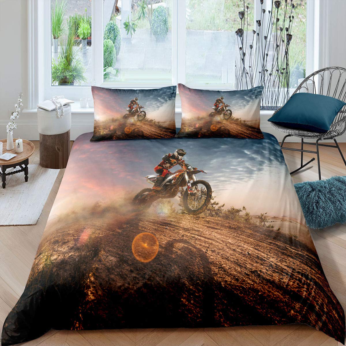 

Dirt Bike Motorbike Duvet Cover Motocross Racer Bedding Set Boys Motorcycle Extreme Sports Quilt Cover Polyester Comforter Cover EU Single(135*200cm)3pcs