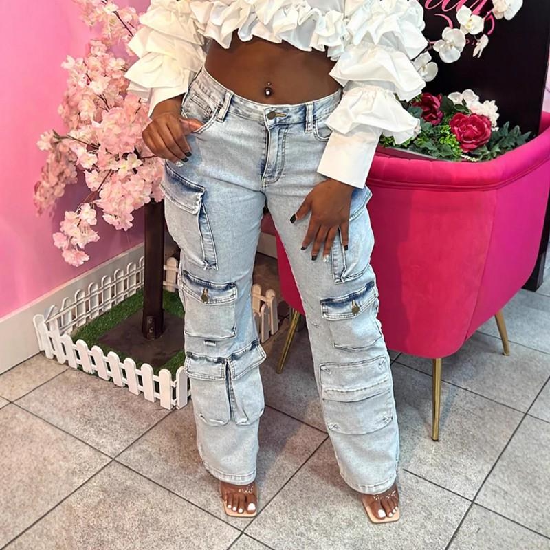 Womens High-Waisted Stretch Denim Pants With Multiple Pockets Streetwear Loose Fit Jean 2025