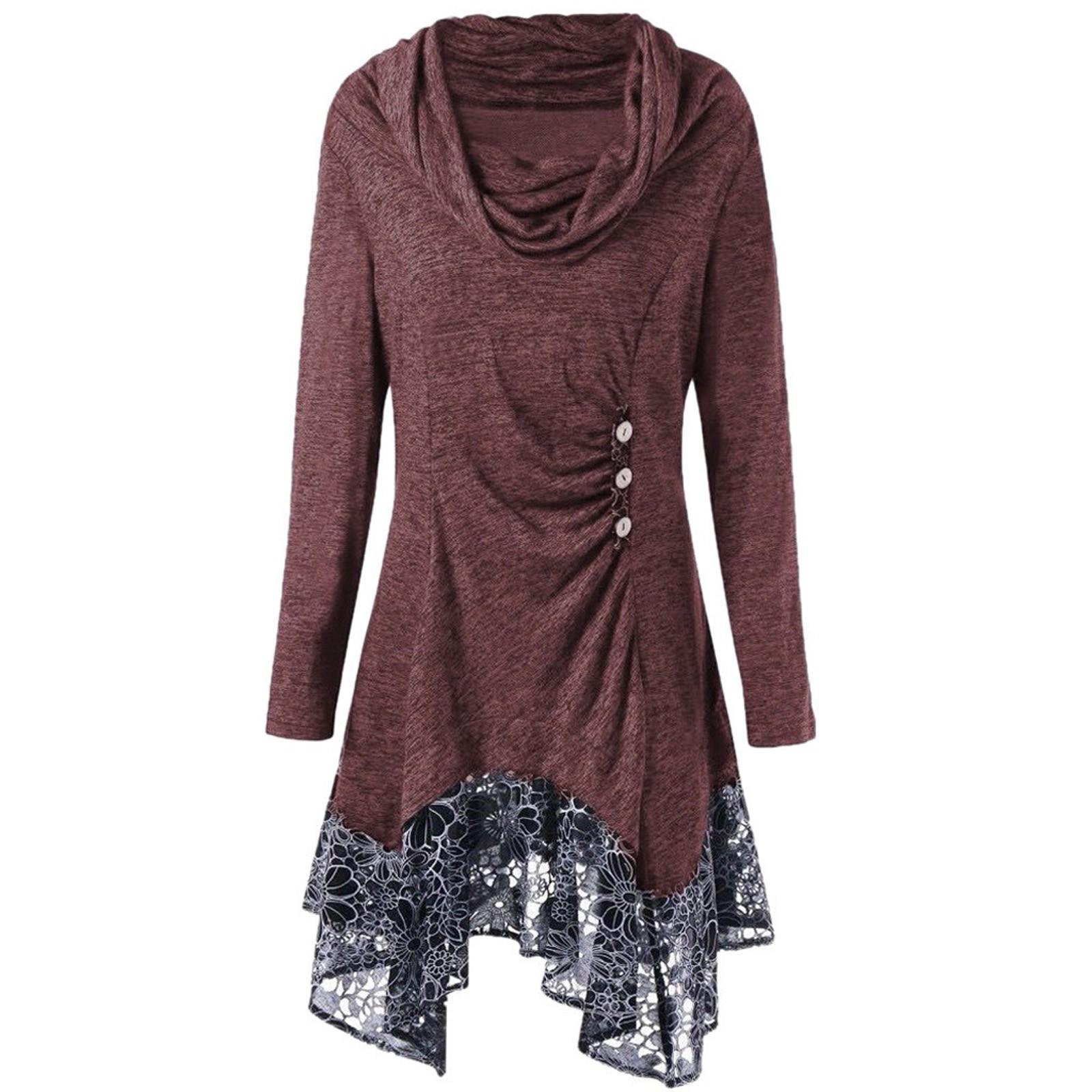 Fashion Women Lace Patchwork Button Bow-Neck Long Sleeve Irregular  Dress S