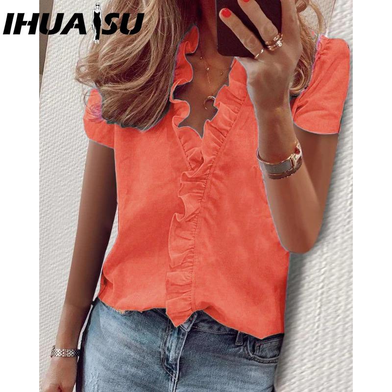 IHUASU Women's Fashion Casual Solid Color Print Short Sleeve V Neck Blouses & Shirts