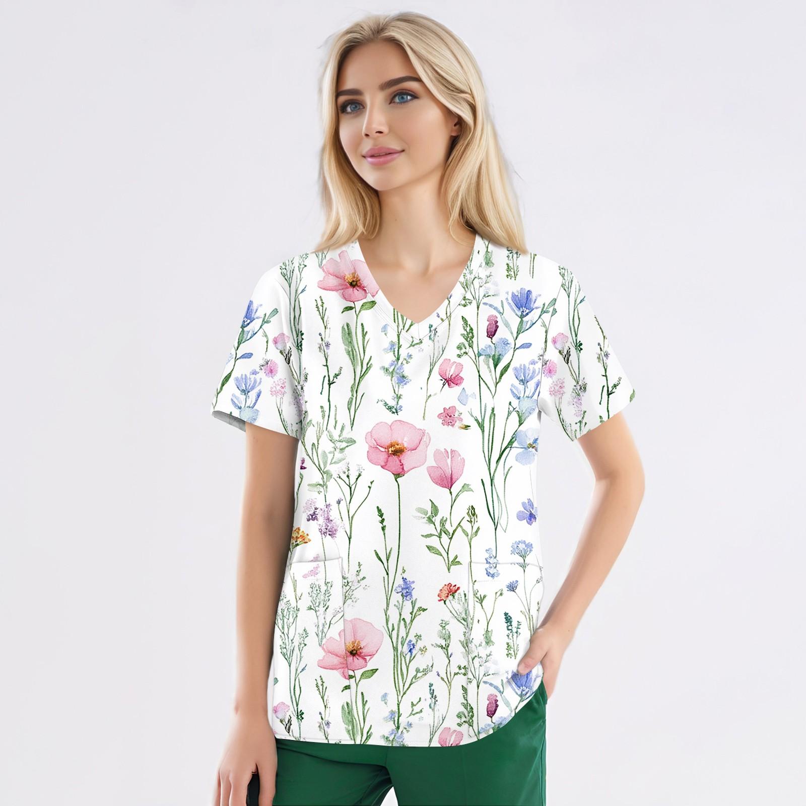 

Рабочая форма больших размеров с принтом, топы для женщин, забавные футболки с v-образным вырезом и короткими рукавами, рабочая одежда, футболка с карманами XXXXXL розовый