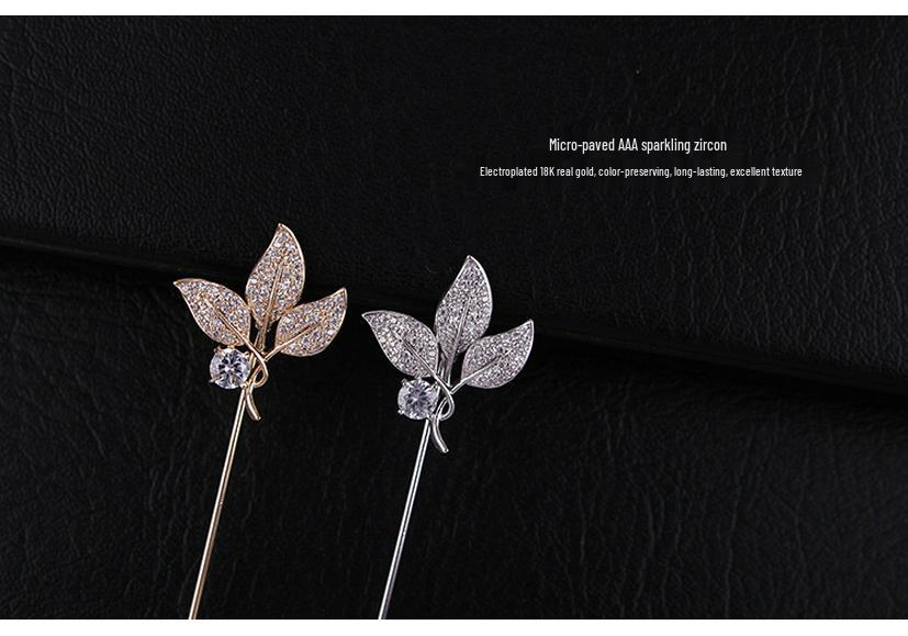 Unisex Crystal Leaf Brooch Pin: Gold-Plated Pure Copper with Micro-Set Zircon