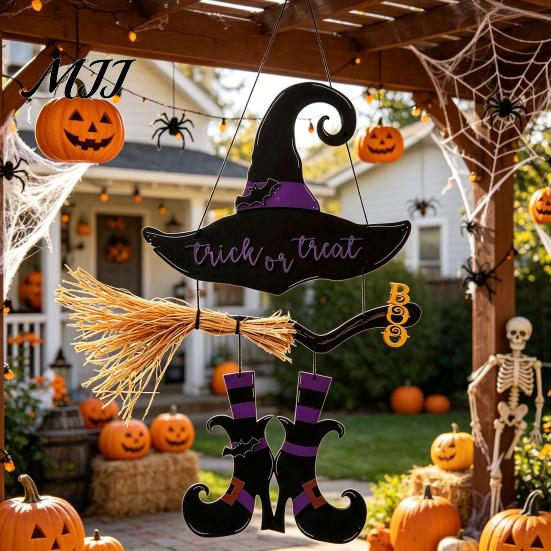 Hanging Wall Decor Halloween Witch Hat Boot Sign, Trick or Treat Decoration Wooden Sign for Home Room, Front Door Hanger Holiday