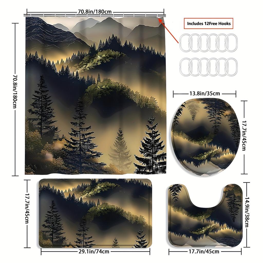 4-teiliges Duschvorhang-Set „Berg im Nebel“ mit rutschfester Badematte, Toilettendeckelbezug, Kontur-Teppich & 12 Haken, Badezimmer-Dekoration