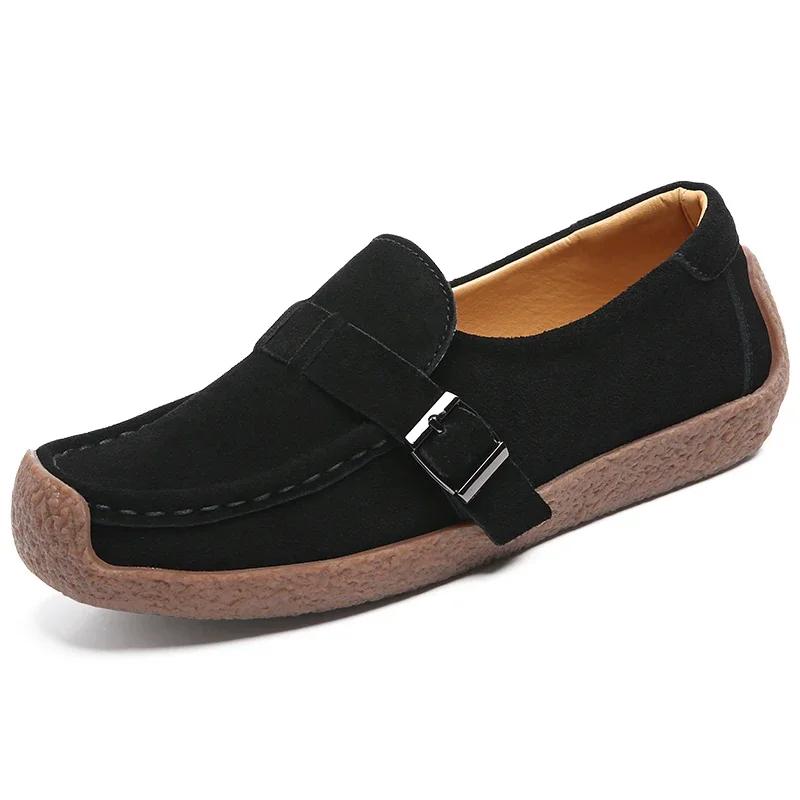 British Style Slip-On Comfortable Moccasins Ladies Non-Slip Mother Walking Shoes Spring Cow Suede Lightweight Casual Shoes Women