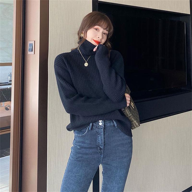 

водолазка в рубчик женский топ осень и зима свободная базовая рубашка новый универсальный пуловер вязаный верх One Size чёрный