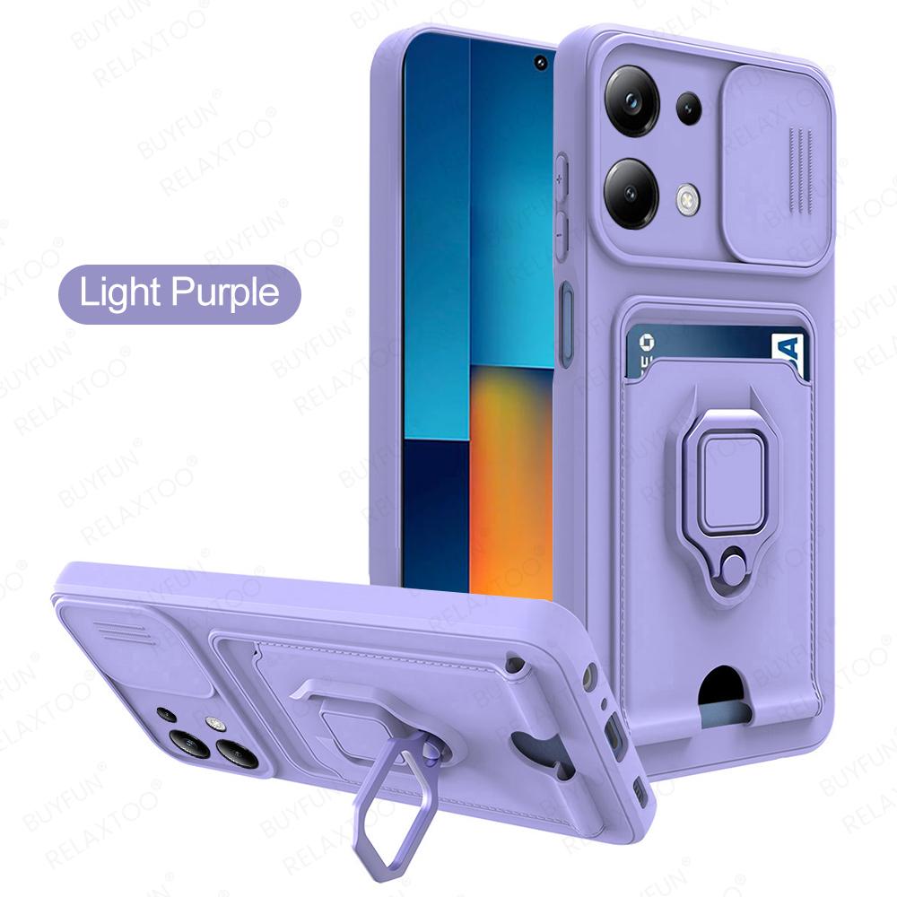 Slide Camera Lens Protection Case For Xiaomi Poco M6 Pro 4G Card Slot Stand Holder Magnetic Cover Coque PocoM6Pro Little M6Pro
