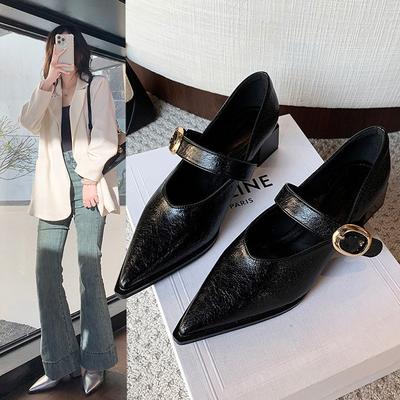 Spring Women's Heeled Single Shoes Fashionable Mid-heel Gold Buckle Mary Jane Shoes Women's Pointed Toe Boat Shoes Zapatos Mujer