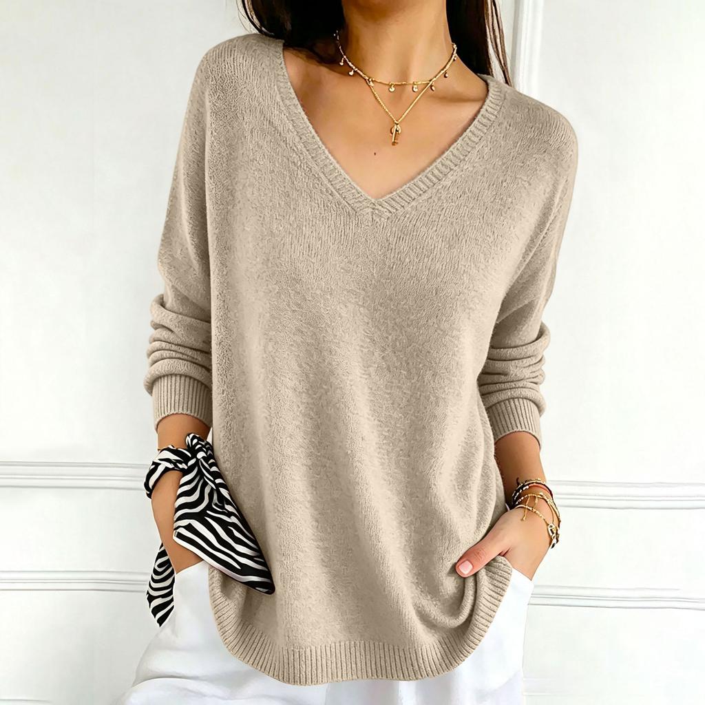Women's Color V-Neck Long Sleeve Knit Sweater Casual Basic Lightweight Top for Daily Wear