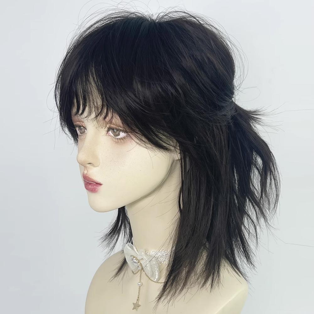 Kurze Vokuhila-Perücken mit Pony, synthetische glatte Anime-Perücke für Männer, schwarz, grau, grüne Haare, für den täglichen Gebrauch, Party, Cosplay