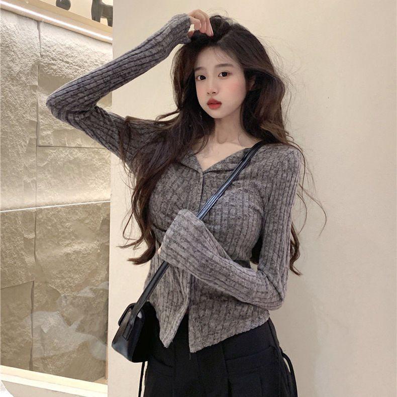 American Gentle Women's Knitted Sweater: Autumn Long-Sleeve Slimming Cardigan with Lapel Design