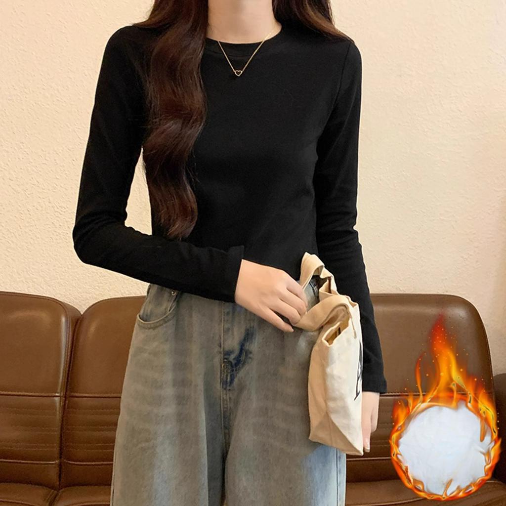 Amerykańskie retro elastyczne dopasowane T-shirt z długim rękawem na prawe ramię dla kobiet jednolity kolor okrągły dekolt podstawowa koszulka bazowa zakrywająca ciało