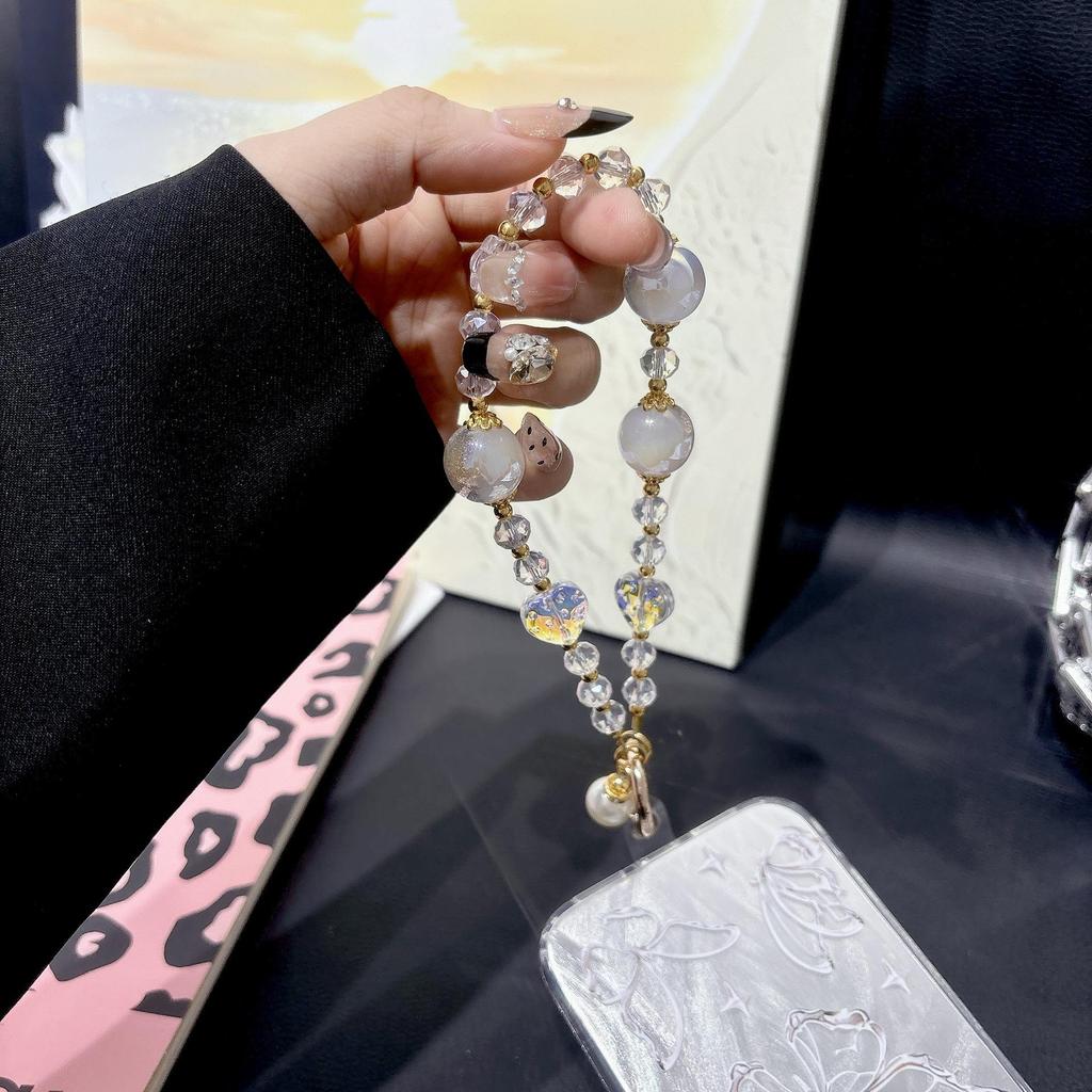 Luxus Buntes Herz Kristall Perlen Handy & Handtasche Handgelenk Lanyard Schlüsselanhänger